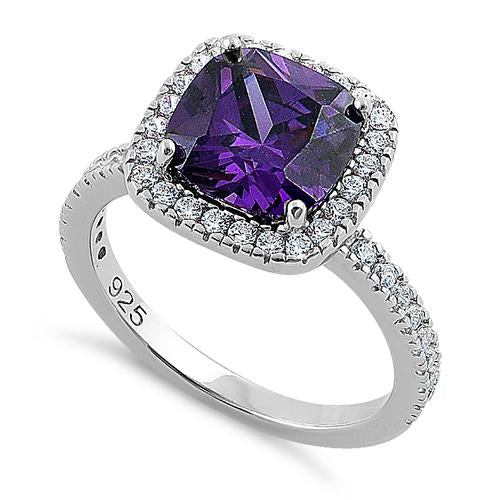 Sterling Silver Cushion Cut Amethyst CZ Ring