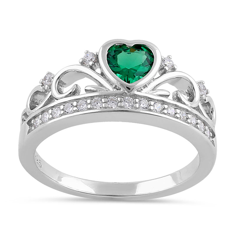 Sterling Silver Heart Crown Emerald CZ Ring