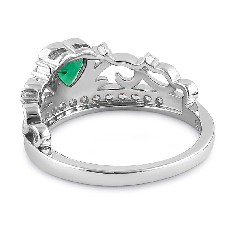 Sterling Silver Heart Crown Emerald CZ Ring