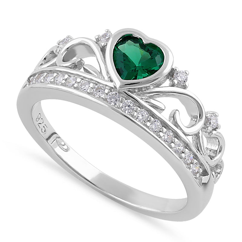 Sterling Silver Heart Crown Emerald CZ Ring