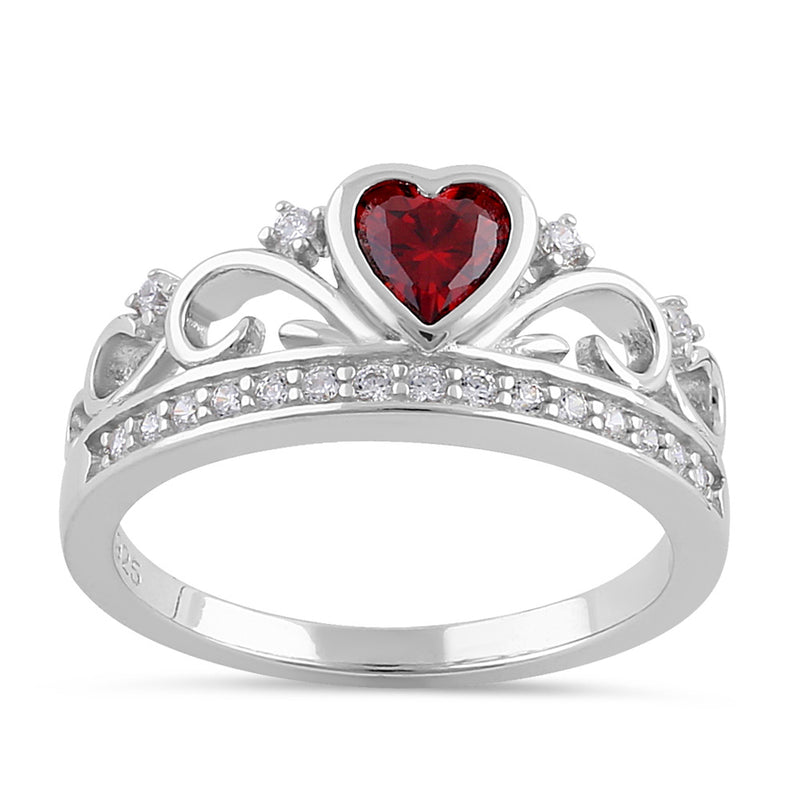 Sterling Silver Heart Crown Garnet CZ Ring