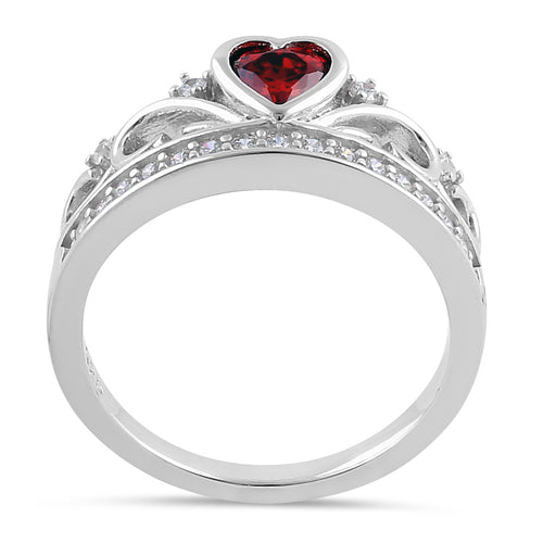 Sterling Silver Heart Crown Garnet CZ Ring - Main Image