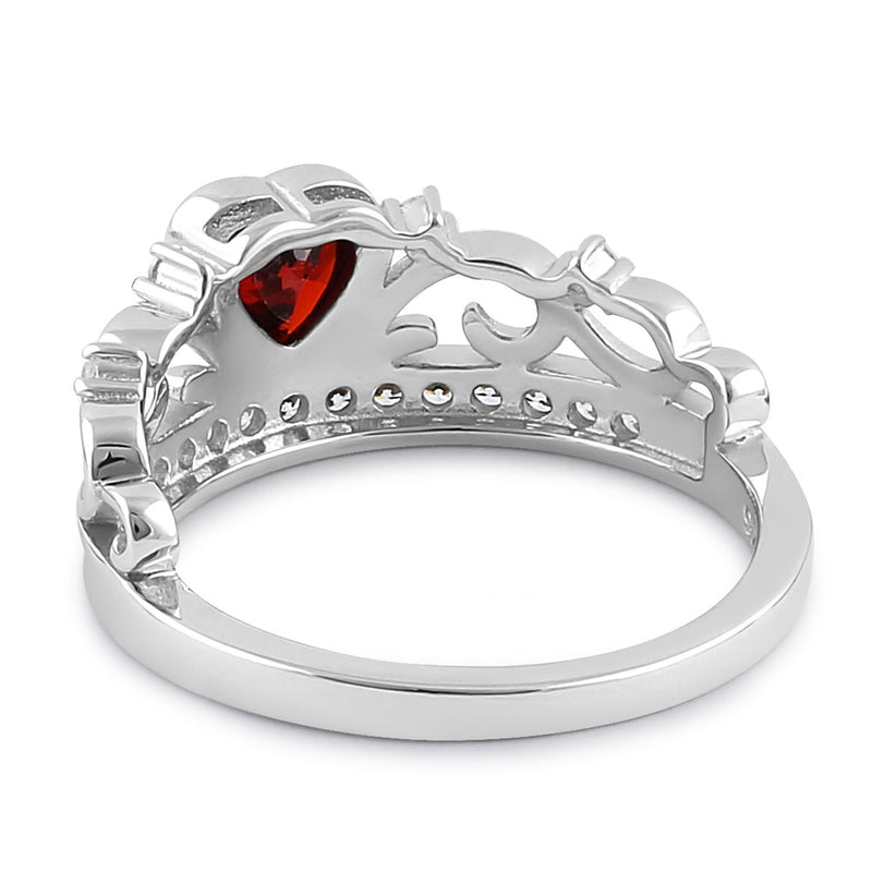 Sterling Silver Heart Crown Garnet CZ Ring