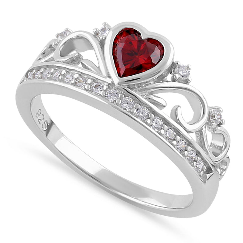 Sterling Silver Heart Crown Garnet CZ Ring