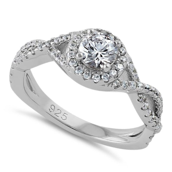 Sterling Silver Halo Twisted CZ Engagement Ring