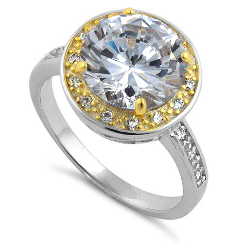 Sterling Silver Two Tone Clear Round Cut Halo CZ Ring