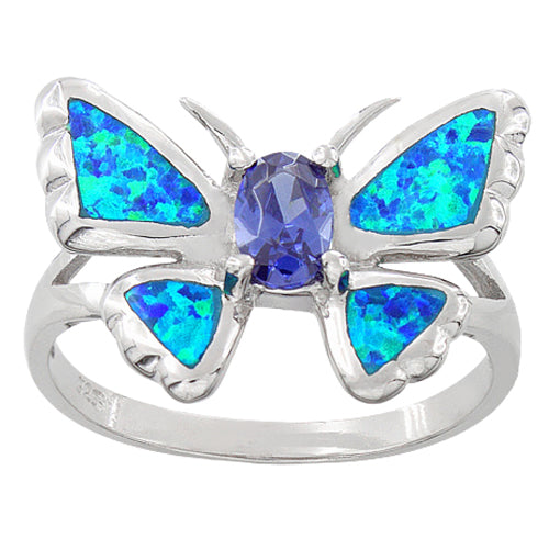 Sterling Silver Lab Opal Butterfly Tanzanite CZ Ring