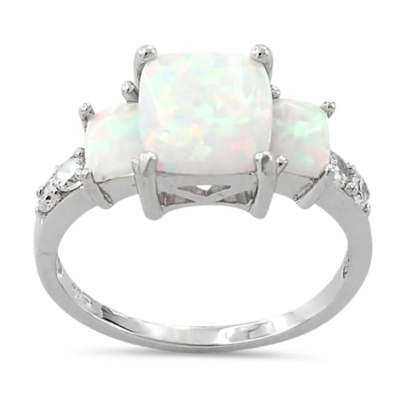 Sterling Silver White Lab Opal Square CZ Ring