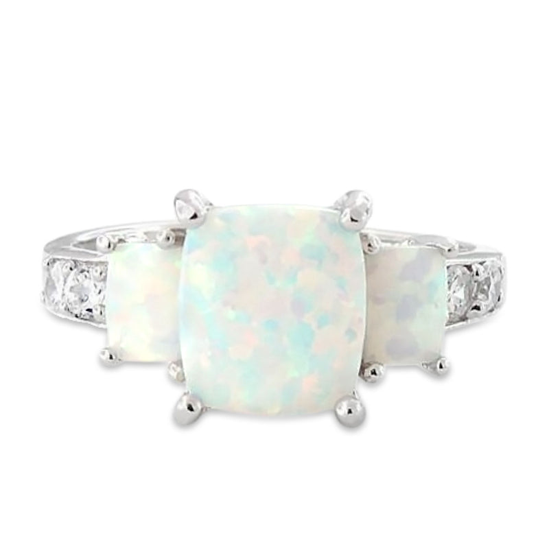 Sterling Silver White Lab Opal Square CZ Ring