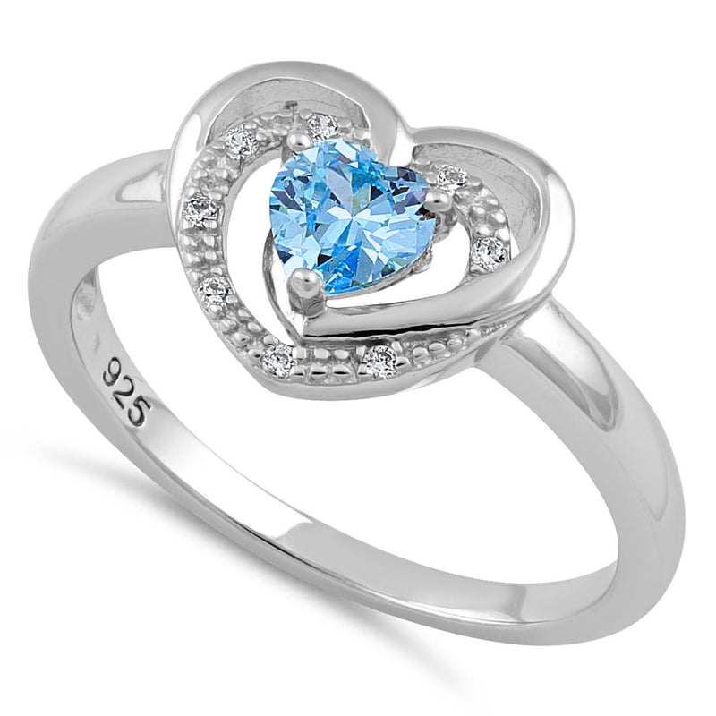Sterling Silver Precious Heart Aqua Blue CZ Ring