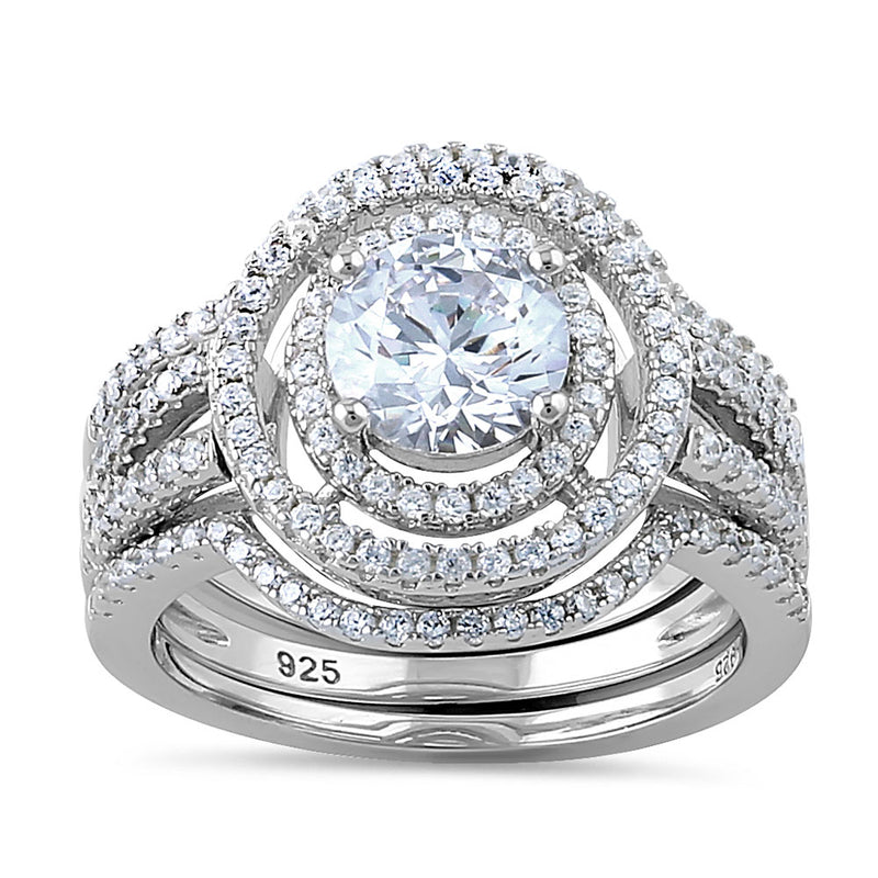 Sterling Silver Double Halo 3-Piece CZ Engagement Ring