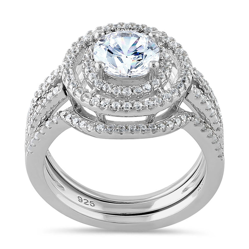 Sterling Silver Double Halo 3-Piece CZ Engagement Ring