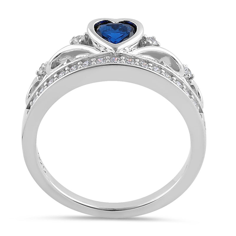 Sterling Silver Heart Crown Blue Sapphire CZ Ring