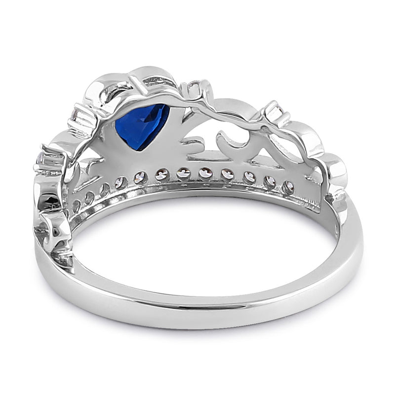 Sterling Silver Heart Crown Blue Sapphire CZ Ring