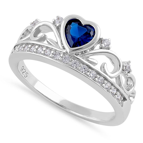 Sterling Silver Heart Crown Blue Sapphire CZ Ring