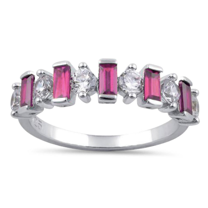 Sterling Silver Round & Baguette Pink CZ Ring