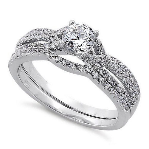 Sterling Silver Round Engagement Set Clear CZ Ring