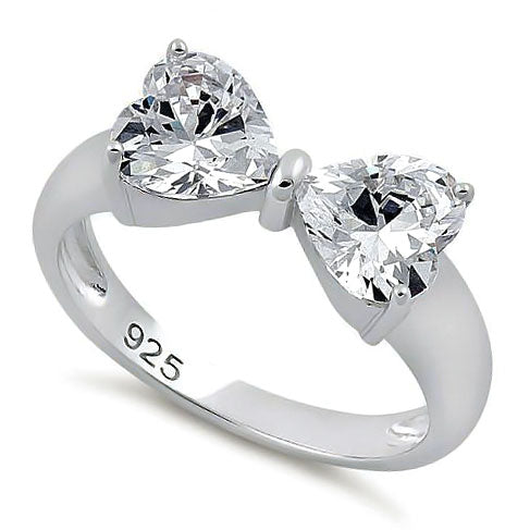 Sterling Silver Bow Heart Cut Clear CZ Ring