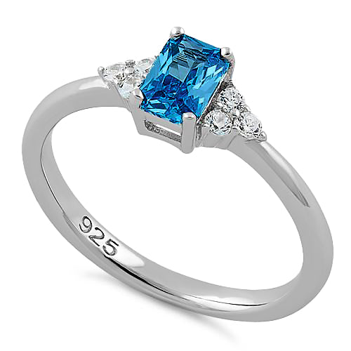 Sterling Silver Precious Emerald Cut Blue Topaz CZ Ring