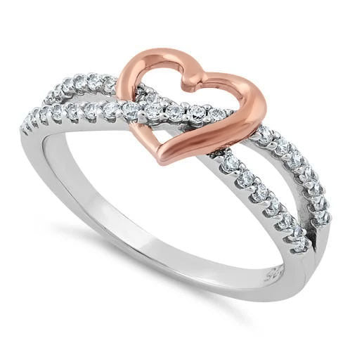 Sterling Silver Rose Gold Two Tone Heart CZ Ring