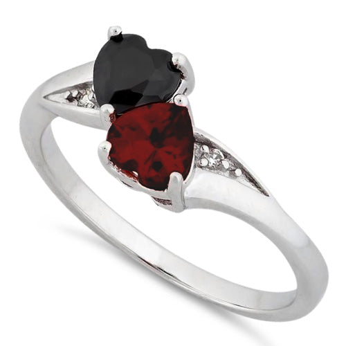 Sterling Silver Double Heart Black & Dark Garnet Topaz CZ Ring