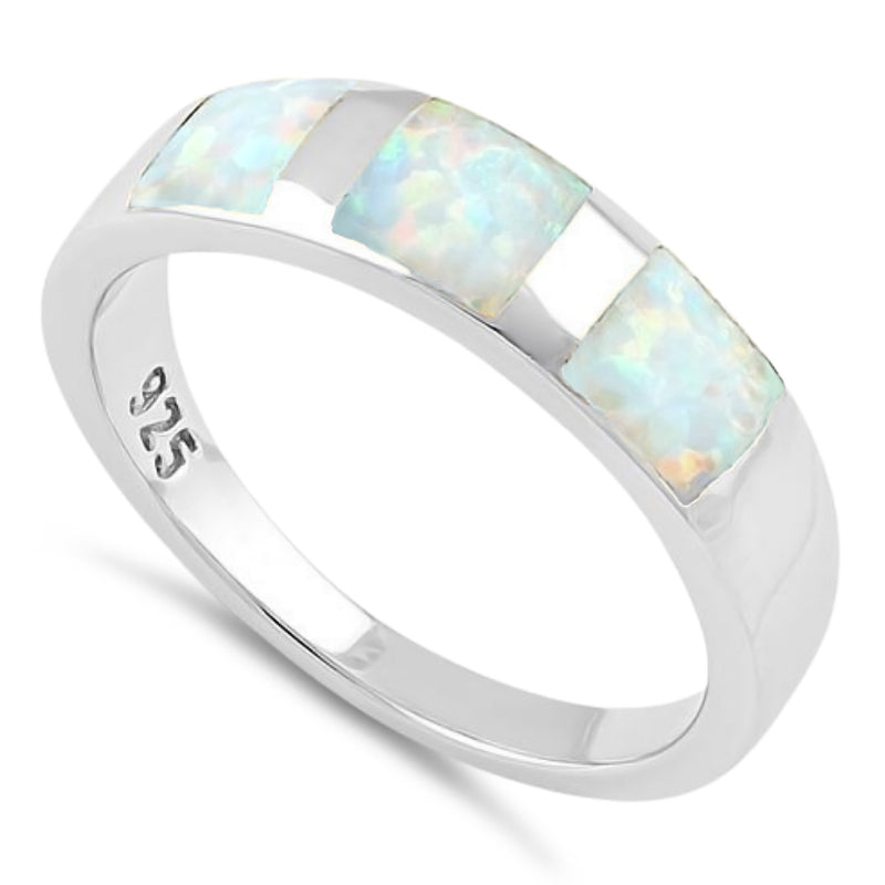 Sterling Silver 3 Square White Lab Opal Ring