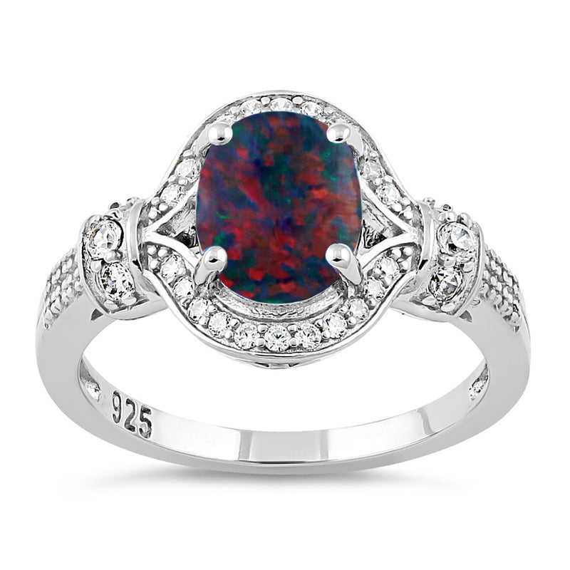 Sterling Silver Elegant Black Lab Opal Oval CZ Ring