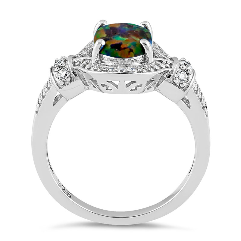 Sterling Silver Elegant Black Lab Opal Oval CZ Ring