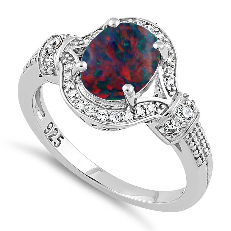 Sterling Silver Elegant Black Lab Opal Oval CZ Ring