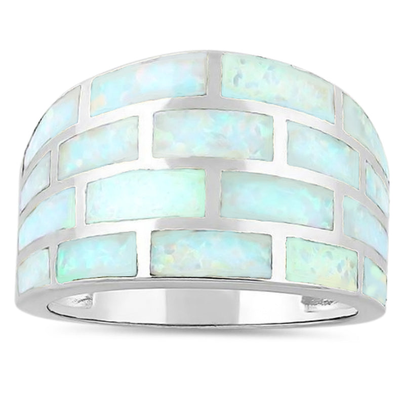 Sterling Silver Bricks White Lab Opal Ring