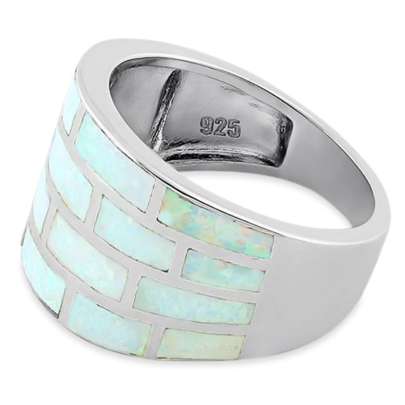 Sterling Silver Bricks White Lab Opal Ring