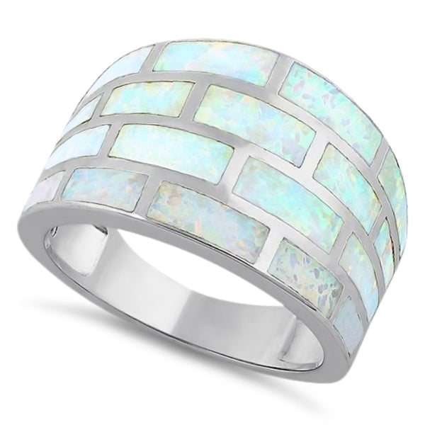 Sterling Silver Bricks White Lab Opal Ring