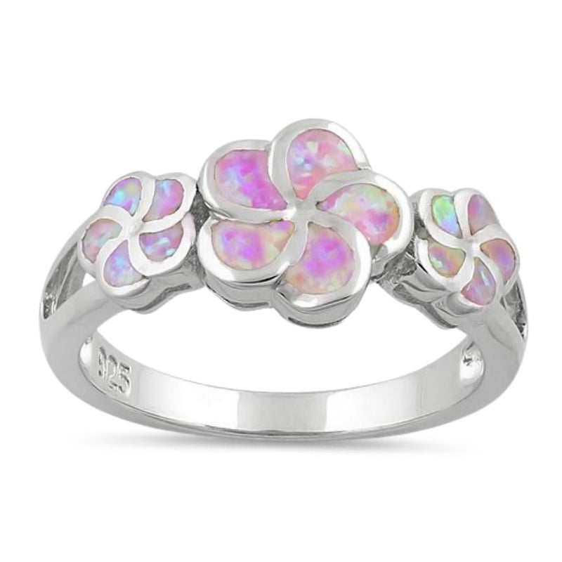 Sterling Silver Plumeria Pink Lab Opal Ring