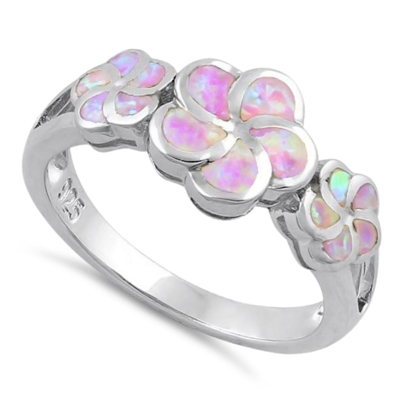 Sterling Silver Plumeria Pink Lab Opal Ring