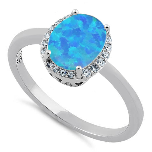 Sterling Silver Blue Lab Opal Oval Halo Clear CZ Ring