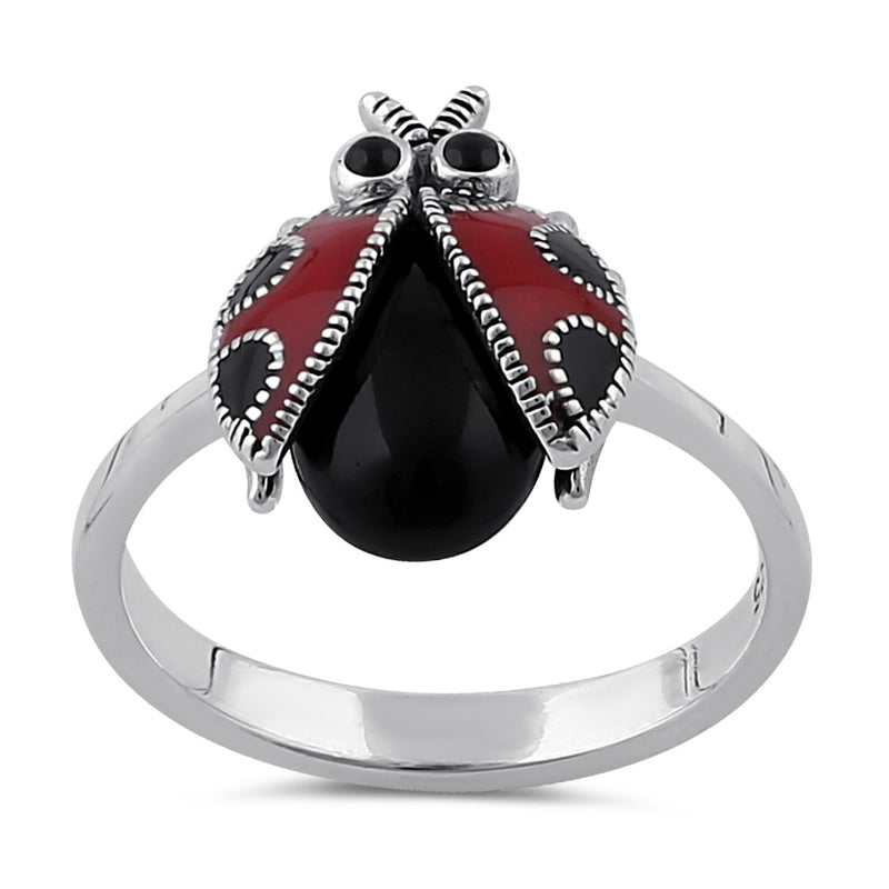 Sterling Silver Black Onyx and Enamel Ladybug Marcasite Ring