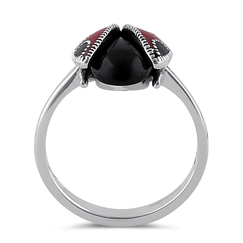 Sterling Silver Black Onyx and Enamel Ladybug Marcasite Ring