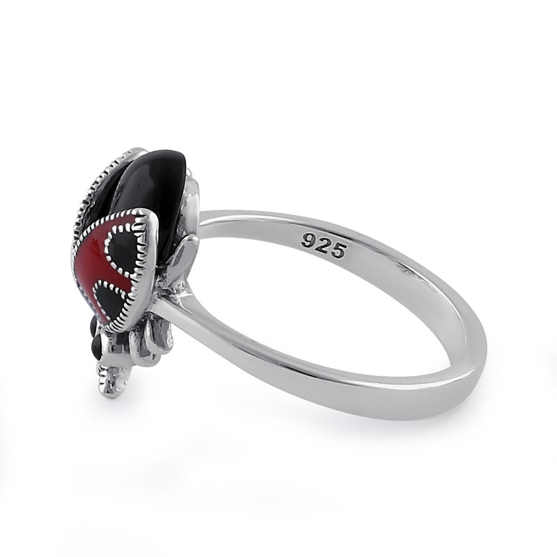 Sterling Silver Black Onyx and Enamel Ladybug Marcasite Ring