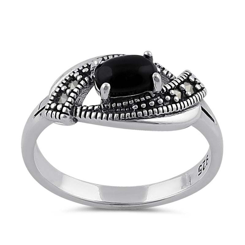 Sterling Silver Black Onyx Evil Eye Marcasite Ring