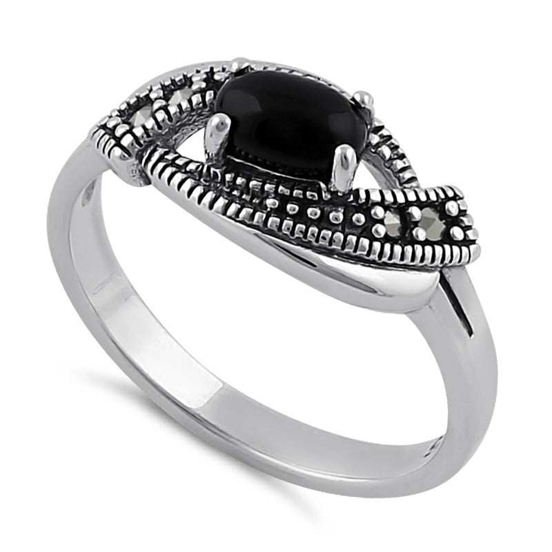 Sterling Silver Black Onyx Evil Eye Marcasite Ring