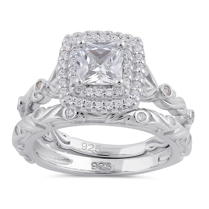 Sterling Silver Clear CZ Vintage Engagement Ring Set