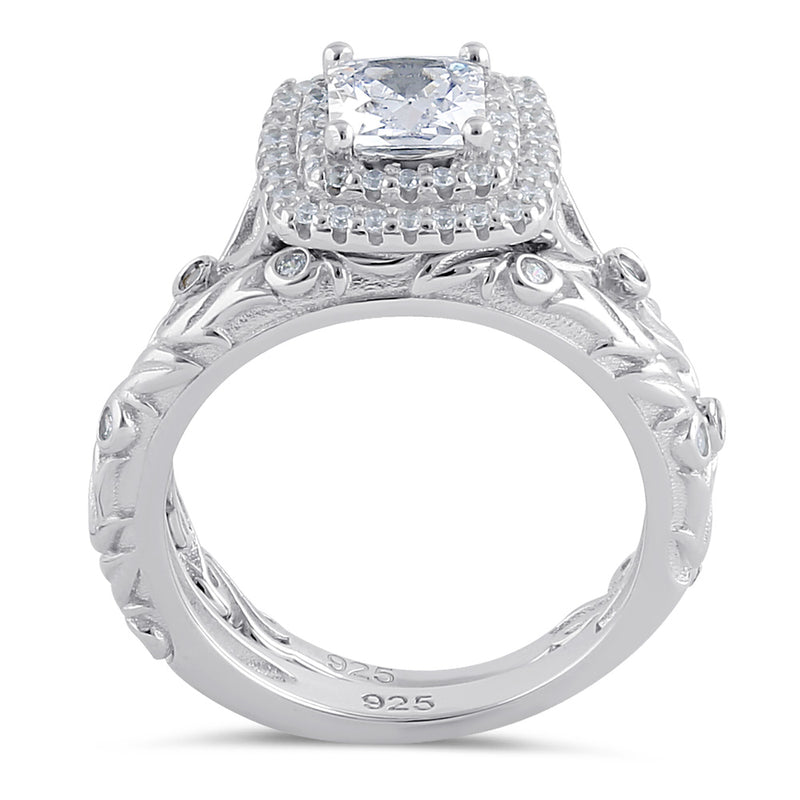 Sterling Silver Clear CZ Vintage Engagement Ring Set