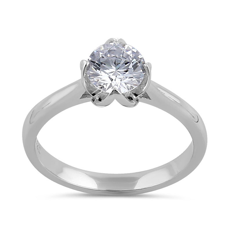 Sterling Silver 6.5mm Clear CZ Four Crossed Prong Setting Ring