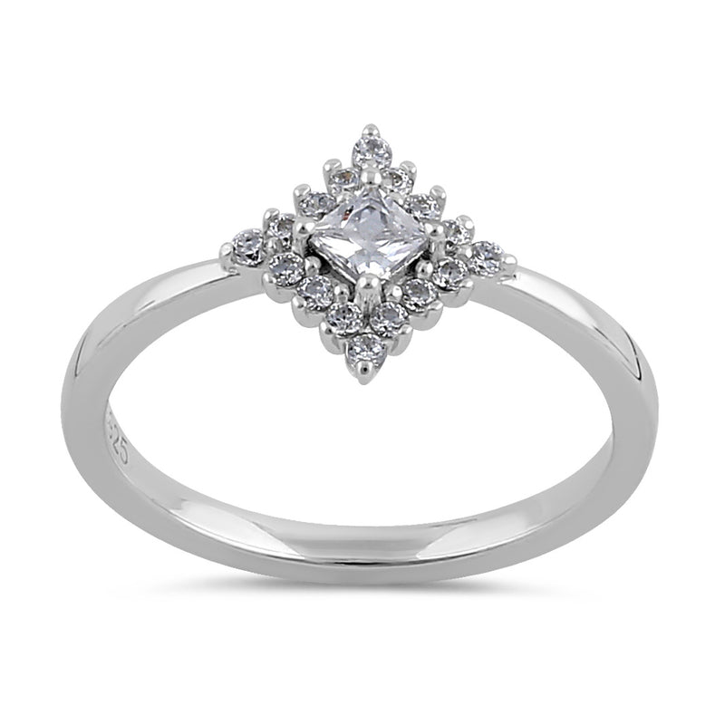 Sterling Silver 3mm Clear CZ Princess Halo Engagement Ring