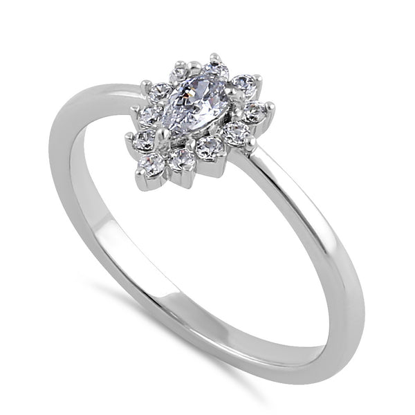 Sterling Silver Clear CZ Dainty Pear Halo Ring