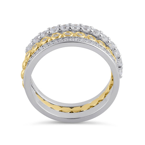 Sterling Silver Triple Stack with Single Yellow Plated Clear CZ Rings