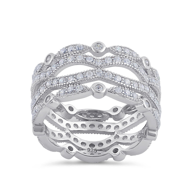 Sterling Silver Clear CZ Quad Stack Wave Ring