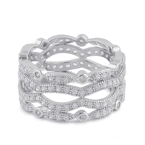 Sterling Silver Clear CZ Quad Stack Wave Ring