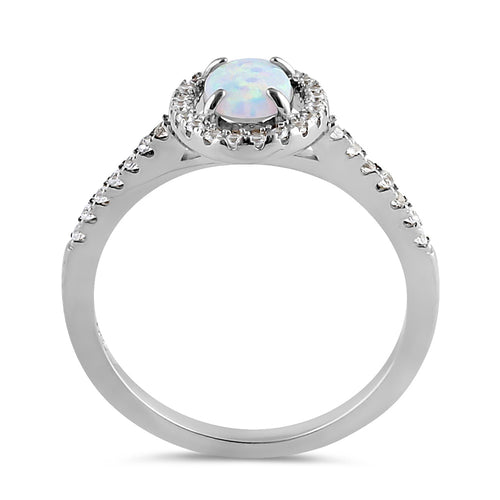 Sterling Silver White Lab Opal and Clear CZ Oval Halo Ring