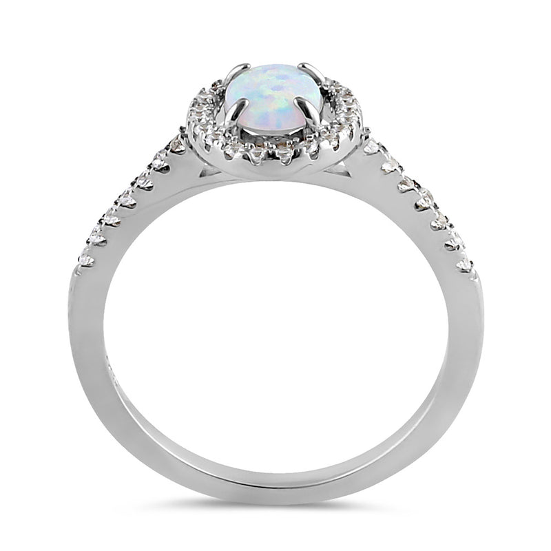 Sterling Silver White Lab Opal and Clear CZ Oval Halo Ring